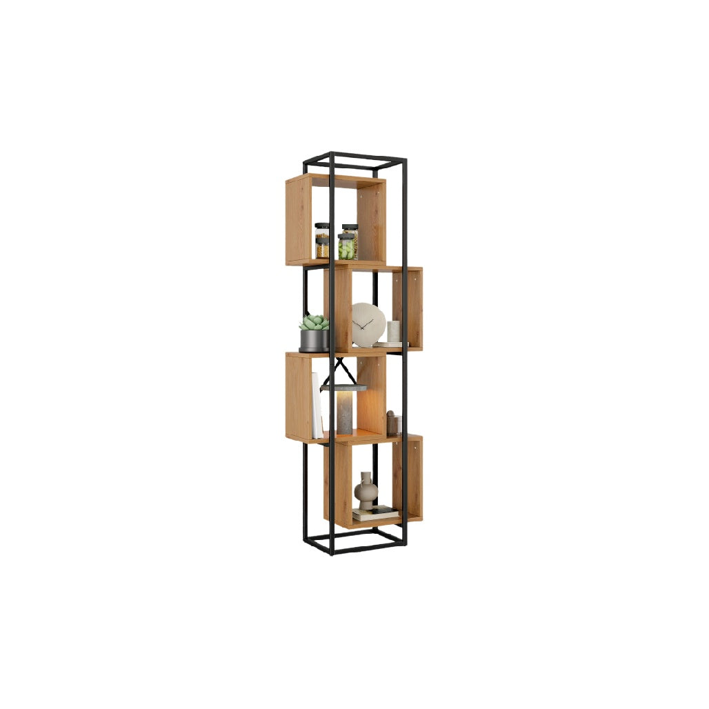 Modern Geometric Bookshelf with Open Cubes and Metal Frame