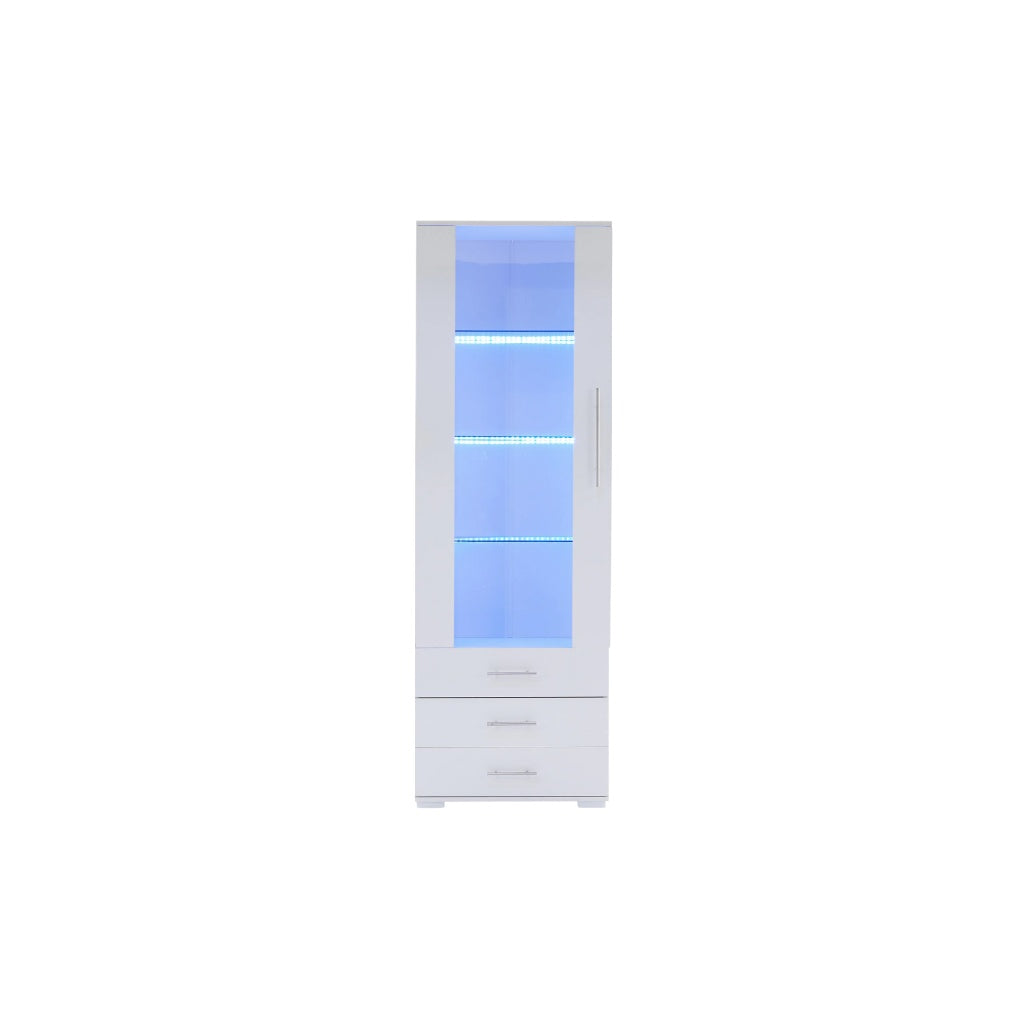 Modern White Display Cabinet with LED Lighting and Storage Drawers